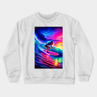 Colorful Neon Painting of Woman Surfing Crewneck Sweatshirt